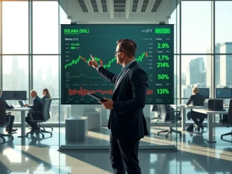 Financial analyst reviewing Solana ETF market data on trading floor, representing Wall Street institutional investment.