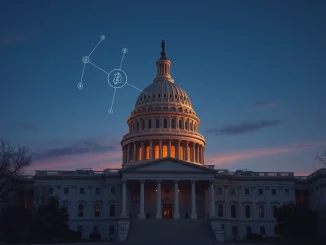 US Capitol building with blockchain overlay representing Senator Warren's push for crypto anti-corruption provisions.