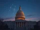 US Capitol building with blockchain overlay representing Senator Warren's push for crypto anti-corruption provisions.