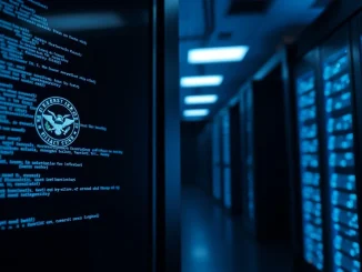 Secure military data center server room with Pentagon seal on screen regarding xAI access.