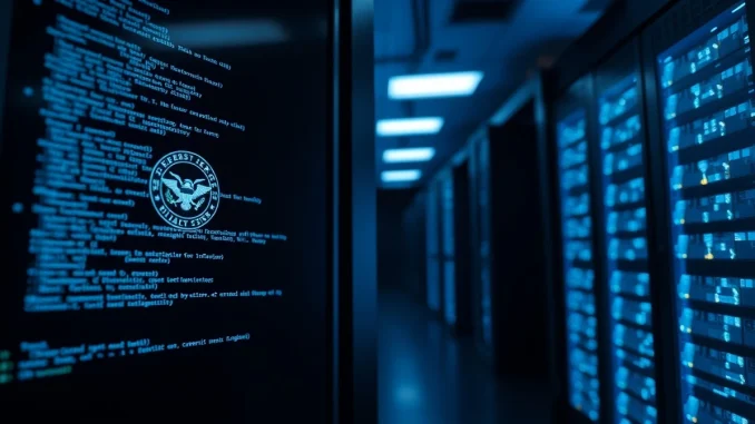 Secure military data center server room with Pentagon seal on screen regarding xAI access.