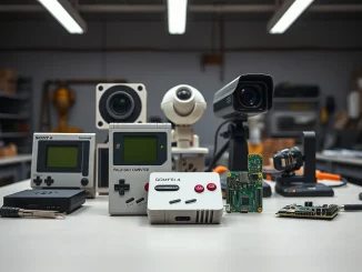 Unconventional Bitcoin mining hardware including Game Boy, PlayStation, and Apollo computer on workshop table