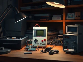 A Game Boy, PlayStation 4, and Apollo computer used for unconventional Bitcoin mining on a workbench.