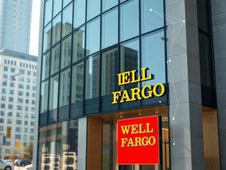 Wells Fargo corporate headquarters with integrated blockchain visualization representing WFUSD trademark filing for cryptocurrency services