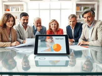 Financial planning meeting discussing cryptocurrency allocation in retirement investment portfolios.