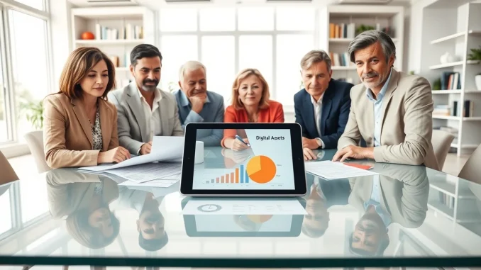 Financial planning meeting discussing cryptocurrency allocation in retirement investment portfolios.