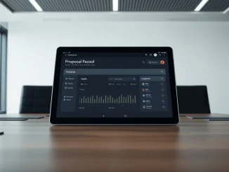Digital tablet showing WLFI governance proposal results on a boardroom table.
