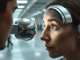Worldcoin's biometric orb scanning a user's iris for digital identity verification.