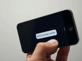 A smartphone displays a 'wrong number' text message, the starting point of a major cryptocurrency scam.