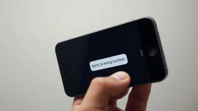 A smartphone displays a 'wrong number' text message, the starting point of a major cryptocurrency scam.