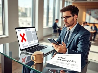 Social media marketing professional analyzing X platform's new paid partnership rules affecting crypto influencer promotions