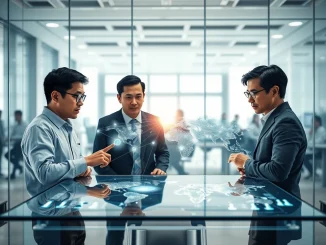Professionals strategizing over a digital map of the decentralized XRP Ledger funding network in 2026.