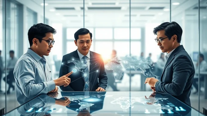 Professionals strategizing over a digital map of the decentralized XRP Ledger funding network in 2026.