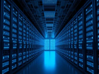 Amazon cloud business AWS data center interior showing server racks with blue lighting, representing AI infrastructure investment