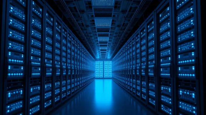 Amazon cloud business AWS data center interior showing server racks with blue lighting, representing AI infrastructure investment