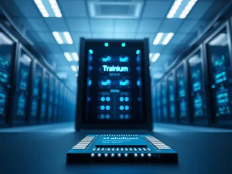 Data center server rack and AI chip representing the Anthropic and Amazon AWS infrastructure deal.
