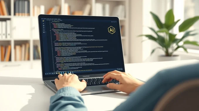 Software developer using an AI coding assistant like Claude Code at a workspace, representing the new pricing policy.