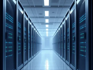 Aptos blockchain network infrastructure in a modern data center, representing the technology behind APT cryptocurrency.