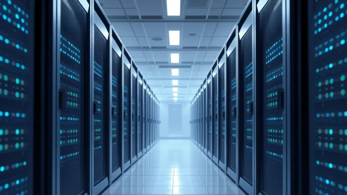 Aptos blockchain network infrastructure in a modern data center, representing the technology behind APT cryptocurrency.