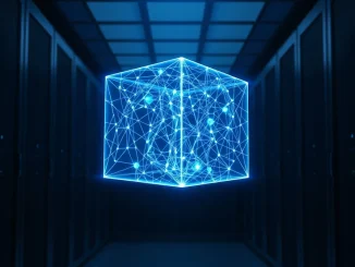 Arweave blockchain data structure visualized as a glowing cube in a server room, symbolizing permanent data storage.