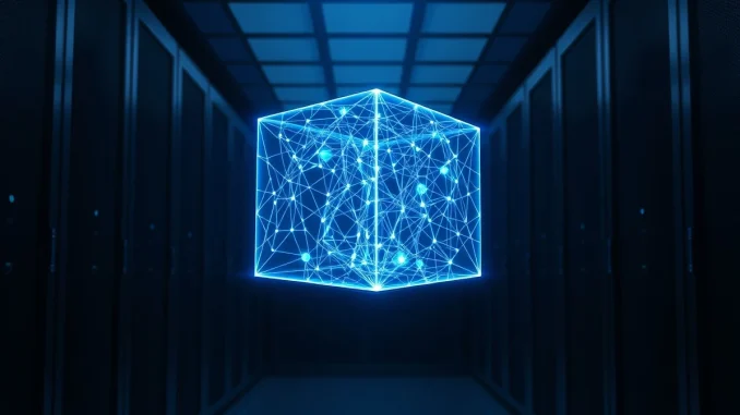 Arweave blockchain data structure visualized as a glowing cube in a server room, symbolizing permanent data storage.