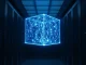 Arweave blockchain data structure visualized as a glowing cube in a server room, symbolizing permanent data storage.