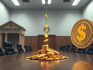 Symbolic conflict between traditional community banks and digital stablecoin yields over deposit flows.