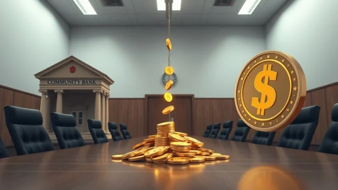 Symbolic conflict between traditional community banks and digital stablecoin yields over deposit flows.