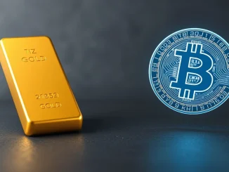 Symbolic comparison of a gold bar and a Bitcoin coin representing Bitwise's analysis of their relative market potential.