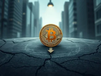 Bitcoin coin on cracked stone surface symbolizing potential bottom at $57K support level