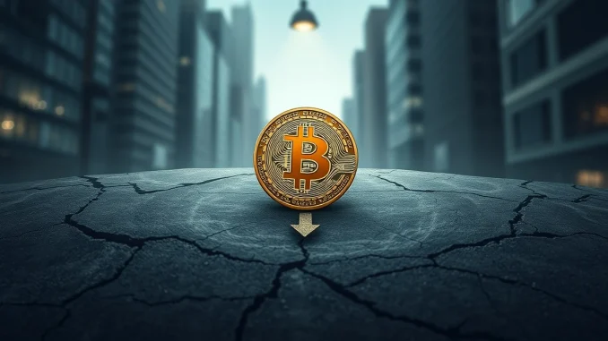 Bitcoin coin on cracked stone surface symbolizing potential bottom at $57K support level
