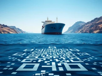 Oil tanker in the Strait of Hormuz with digital QR code overlay representing potential Bitcoin toll payments.