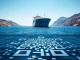 Oil tanker in the Strait of Hormuz with digital QR code overlay representing potential Bitcoin toll payments.