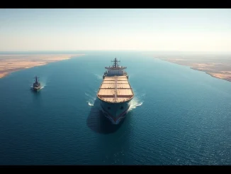 Oil tanker and US Navy ship in the Strait of Hormuz during geopolitical tensions affecting Bitcoin and oil prices.
