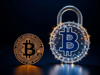 Conceptual image representing a Bitcoin quantum-safe security upgrade with a key and quantum lock.