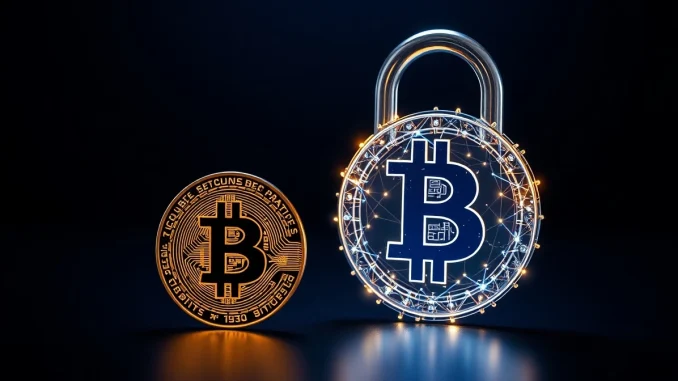 Conceptual image representing a Bitcoin quantum-safe security upgrade with a key and quantum lock.