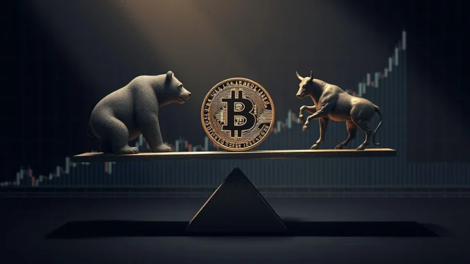 Bitcoin coin on seesaw with bear and bull, representing short squeeze liquidation risk near $80K