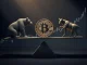 Bitcoin coin on seesaw with bear and bull, representing short squeeze liquidation risk near $80K