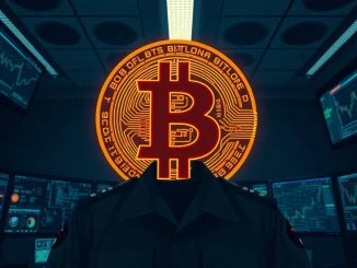 Bitcoin symbol overlaying a US military officer in a command center, representing Bitcoin skepticism about military understanding of the network.