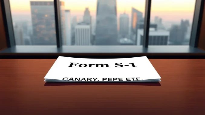 SEC filing document for the proposed Canary Capital PEPE ETF on a desk.