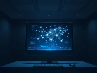 CIA AI co-workers analyzing intelligence data on a secure computer monitor in an operations center.