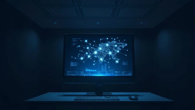 CIA AI co-workers analyzing intelligence data on a secure computer monitor in an operations center.