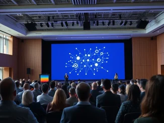 Audience at the HumanX AI conference in San Francisco watching a presentation on AI agent technology.