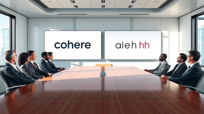 Cohere and Aleph Alpha merger announcement in a boardroom with executives discussing sovereign AI strategy.