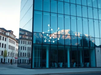 Modern office building in Zug, Switzerland, representing the Crypto Valley blockchain hub and its 2025 funding growth.
