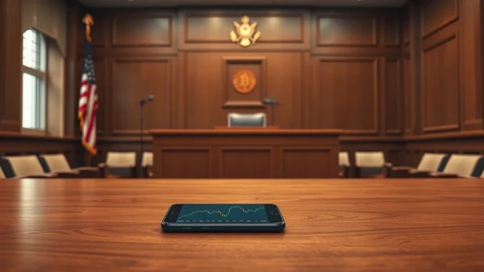 Courtroom scene representing the US crypto wash trading case with extradited executives.