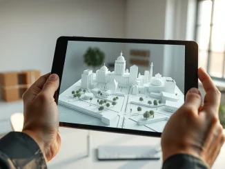 Analyst reviewing a 3D model of the Decentraland metaverse for cryptocurrency price prediction.
