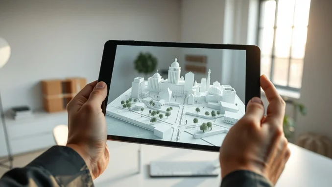 Analyst reviewing a 3D model of the Decentraland metaverse for cryptocurrency price prediction.