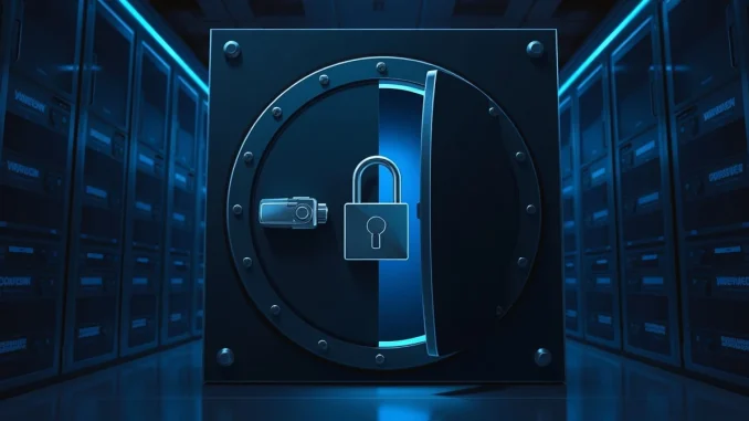 Illustration of a digital vault security breach representing DeFi hacks and crypto theft.