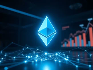 Ethereum network growth and stablecoin dominance visualized as a glowing data network.